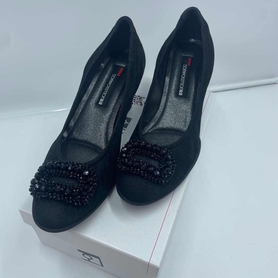 『未使用』コンポジション9 パンプス　ブラックスエード 四角バックル25.5cm