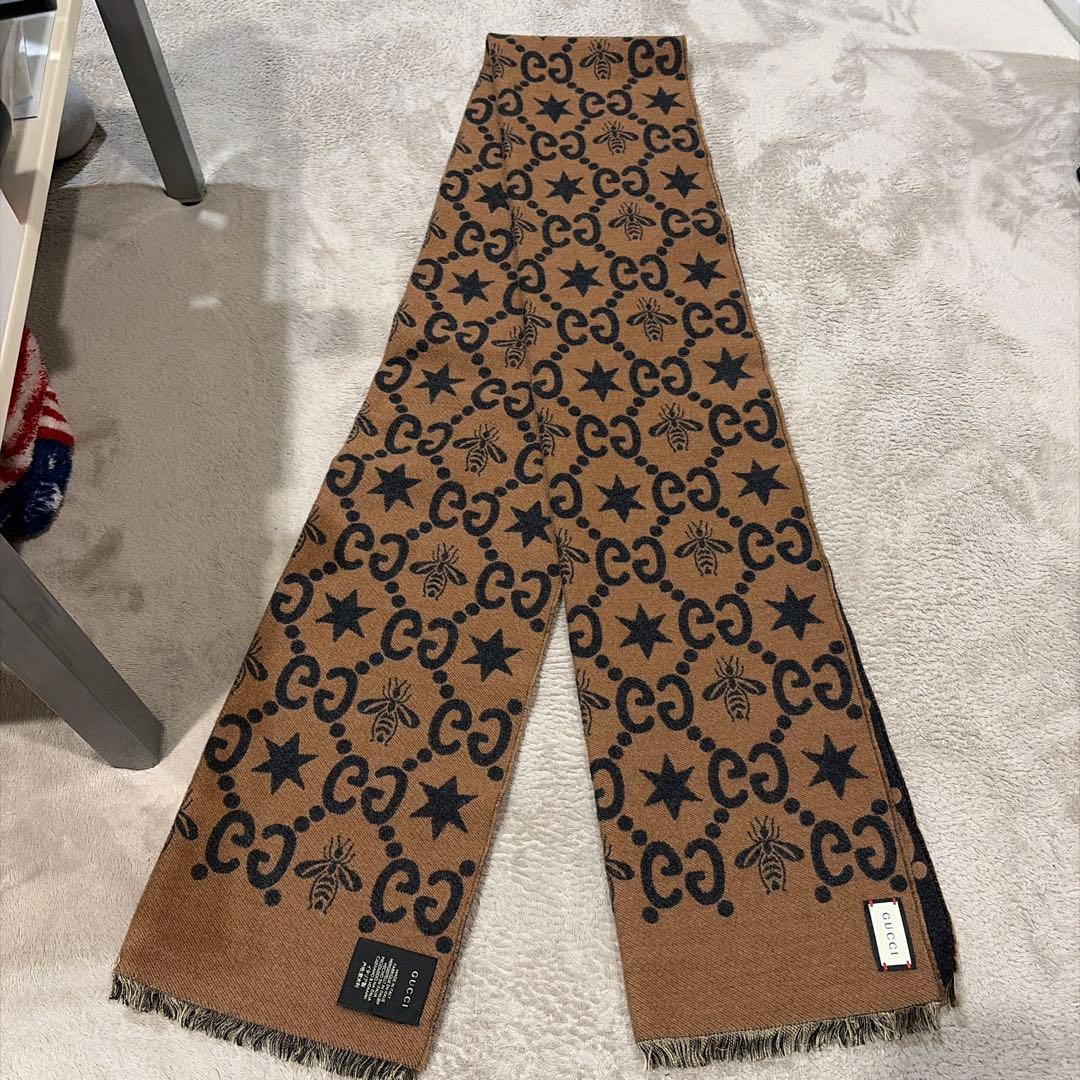 【美品】GUCCI BEE STAR GG 総柄 ウールマフラー