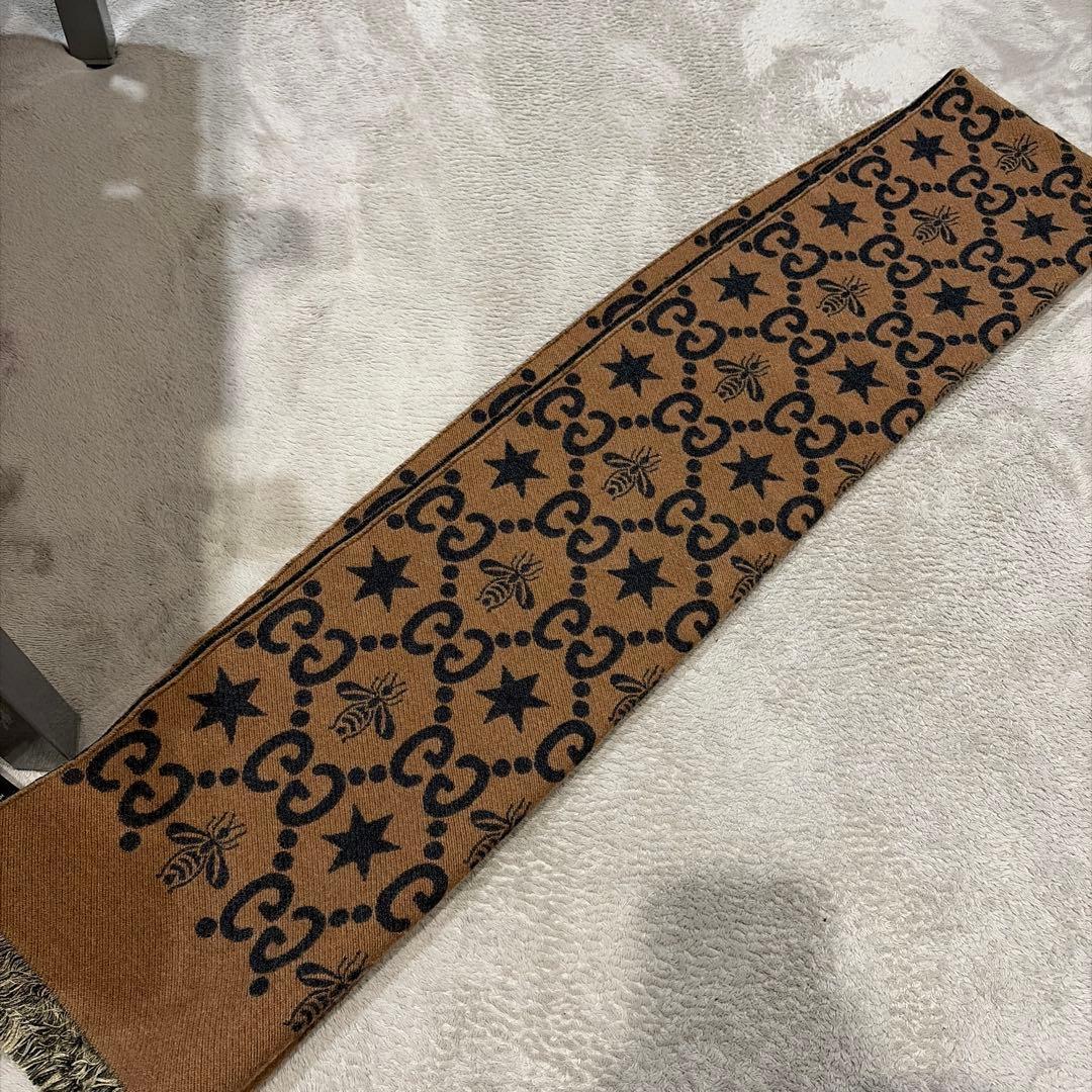 【美品】GUCCI BEE STAR GG 総柄 ウールマフラー