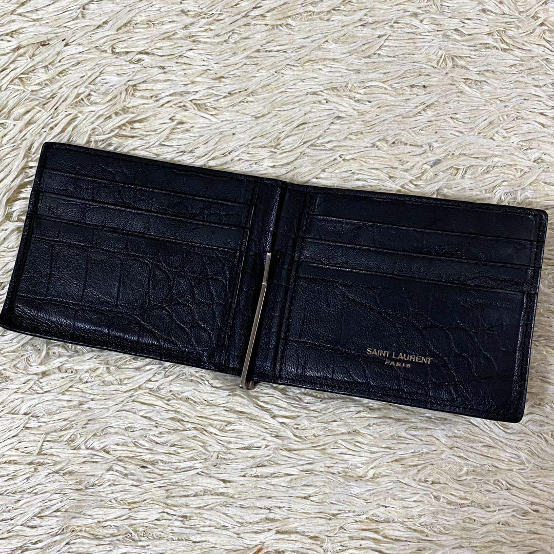 【美品】サンローラン マネークリップ クロコ ブラック黒 YSL カサンドラ