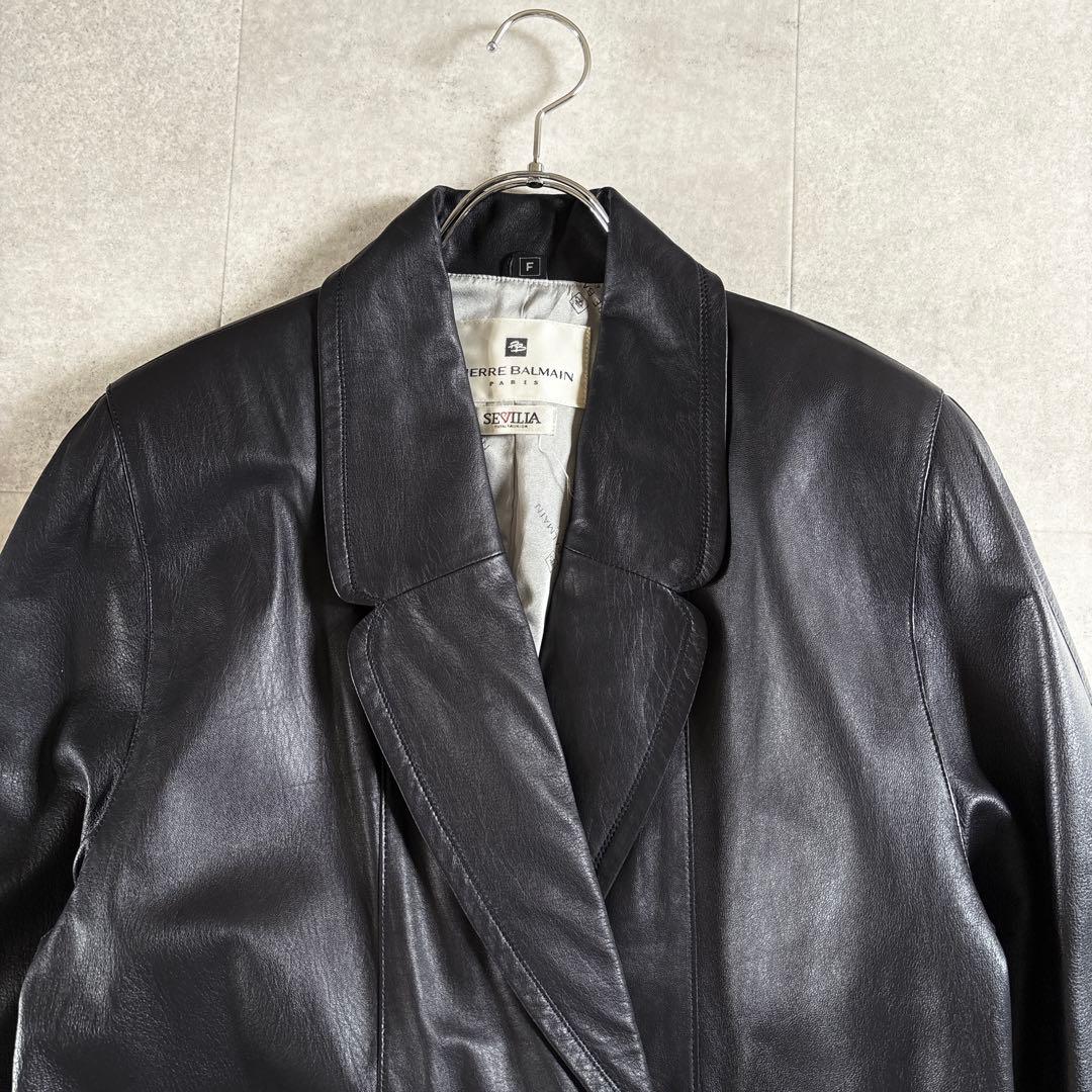 美品✨️ピエールバルマン ラムレザー ダブルコート F ブラック 羊革 金ボタン