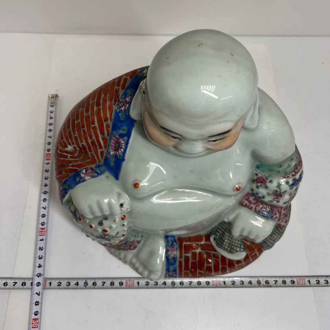 中国景徳鎮　羅漢肝嶺上　朱義順作　粉彩布袋置物　高さ約25㎝　トコル