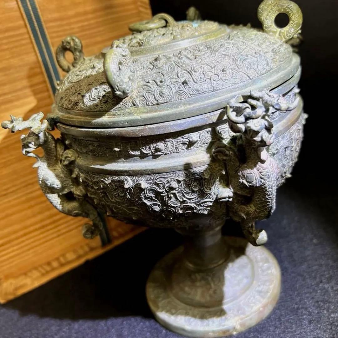 古代中国　古銅蓋物　木箱付　1740g/高さ約19.5㎝ 東Y7-1229☆2F