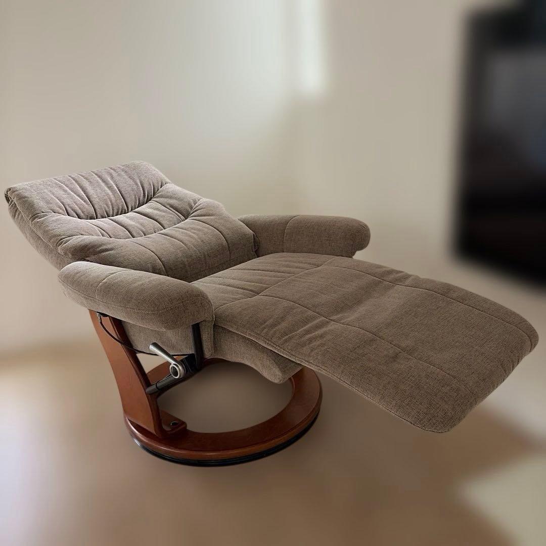 リクライニング一人ソファー フットレスト付ブラウン茶色オットマンパーソナルチェア