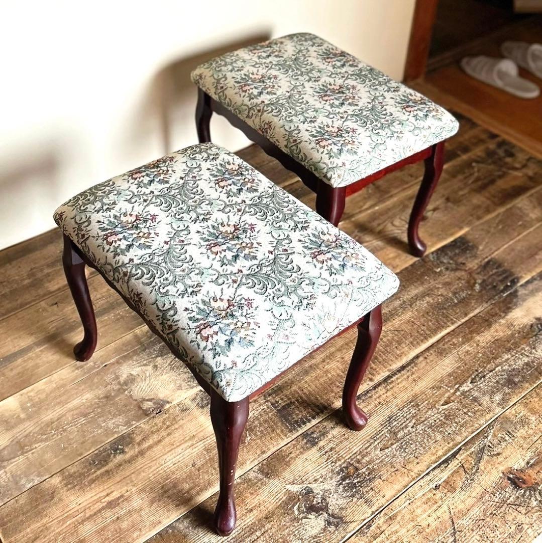 猫脚スツール 無垢材 ゴブラン調（１脚／2セット可）1970–90s 日本製