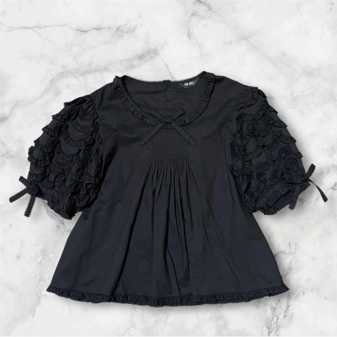 人気】PINK HOUSE ピンクハウス フリル リボン 半袖ブラウス ブラック