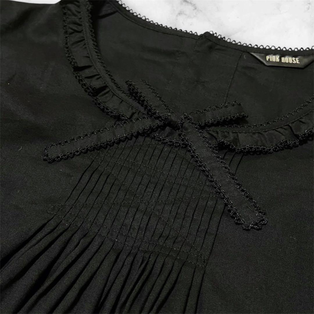 人気】PINK HOUSE ピンクハウス フリル リボン 半袖ブラウス ブラック
