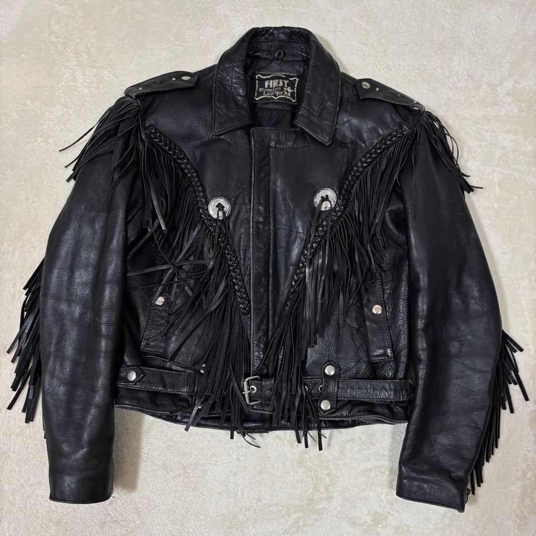 FIRST 本革 フリンジ ライダースジャケット ブラック