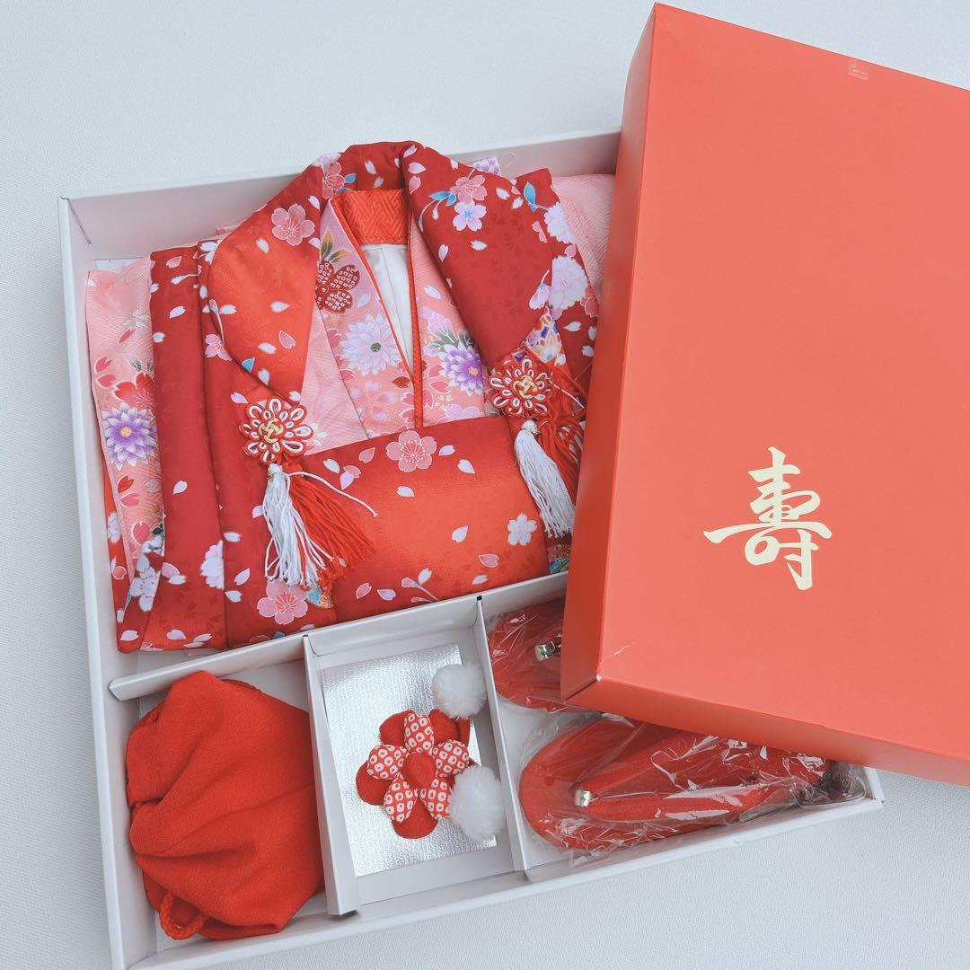 フルセット新品未使用　箱入り　七五三3歳　被布＆長着＆長襦袢＆小物　赤ピンク