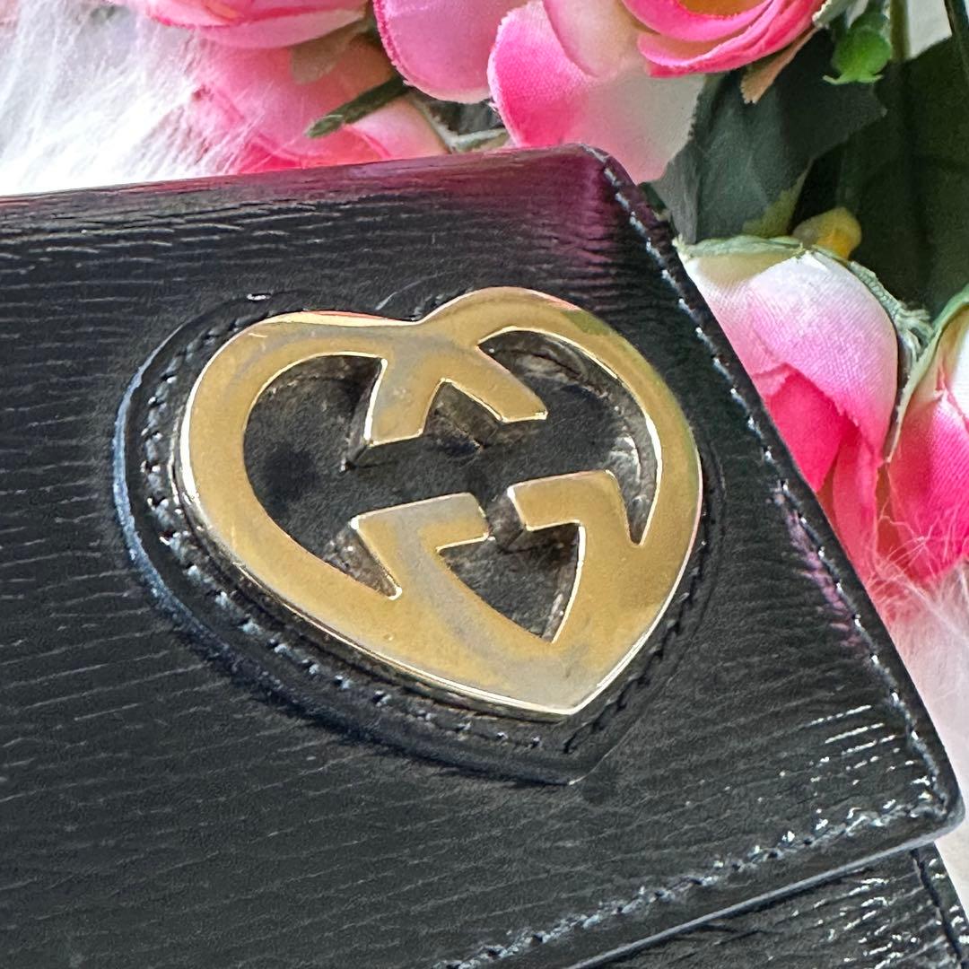 美品✨GUCCI 二つ折り財布　ダブルホック ブラック レザー ハート