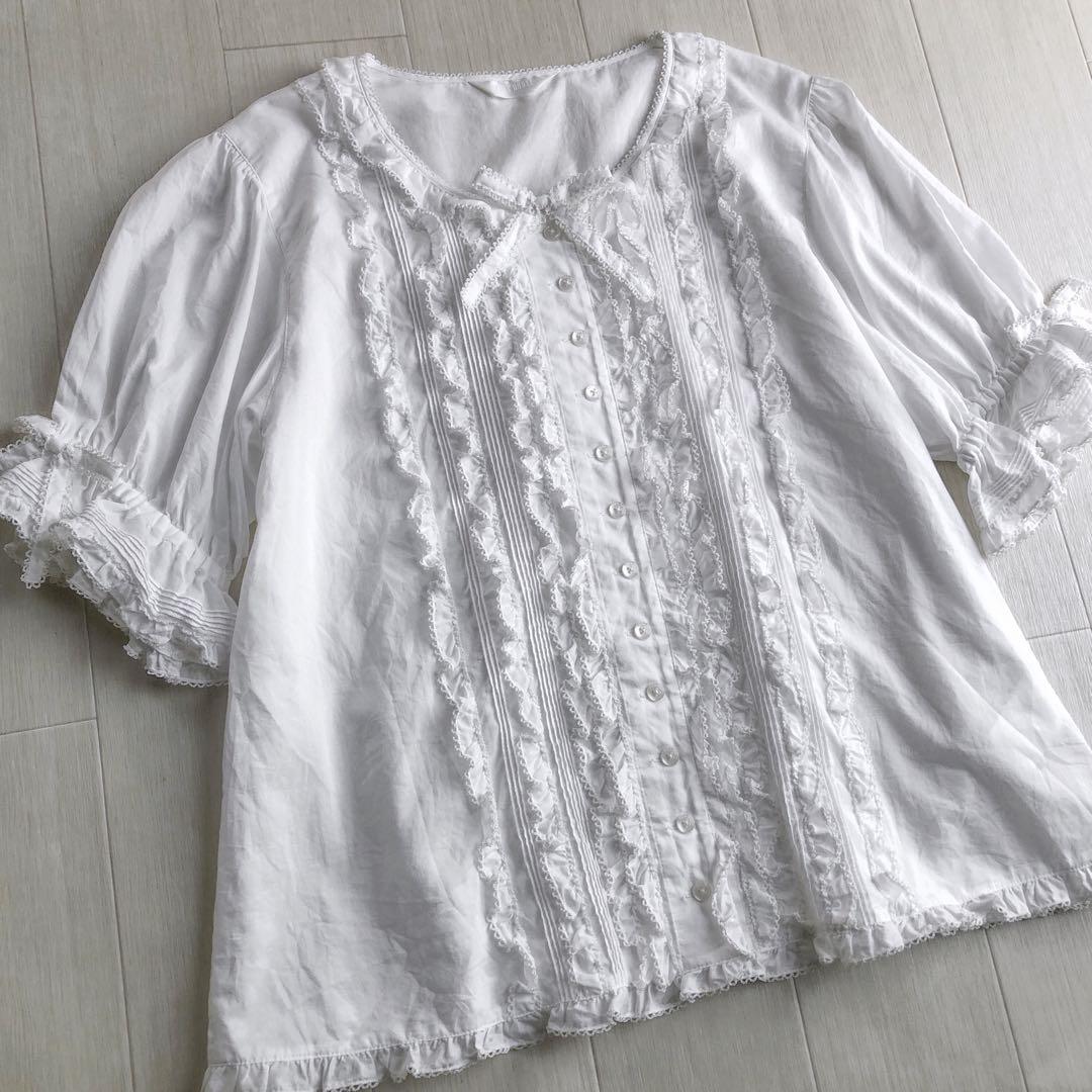 2023年 ピンクハウス 綿ローン ピコレース フリル 白 ブラウス