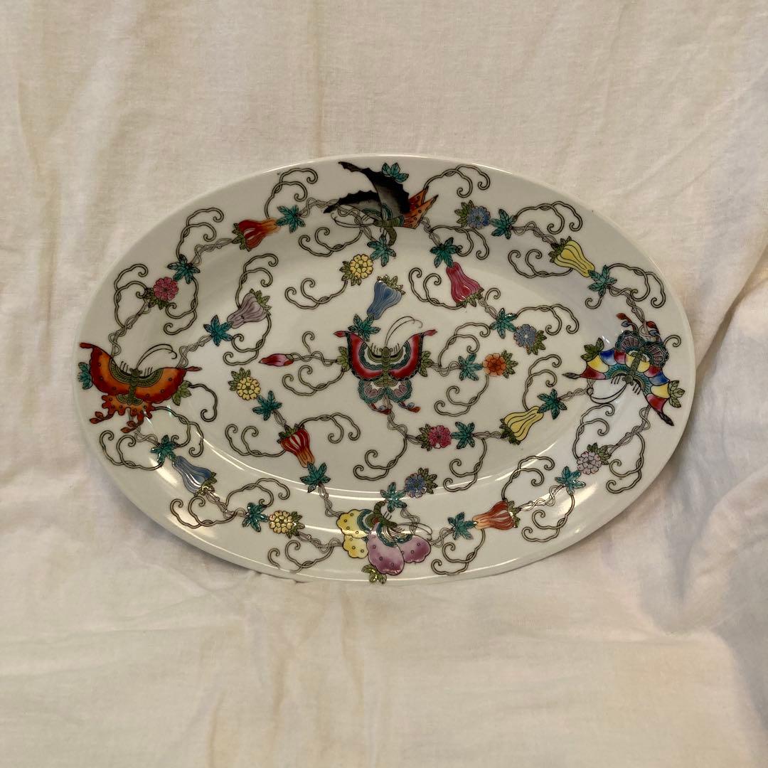 多彩な花と鳥の模様 陶磁器皿　景徳鎮　大皿　オーバルプレート　中国