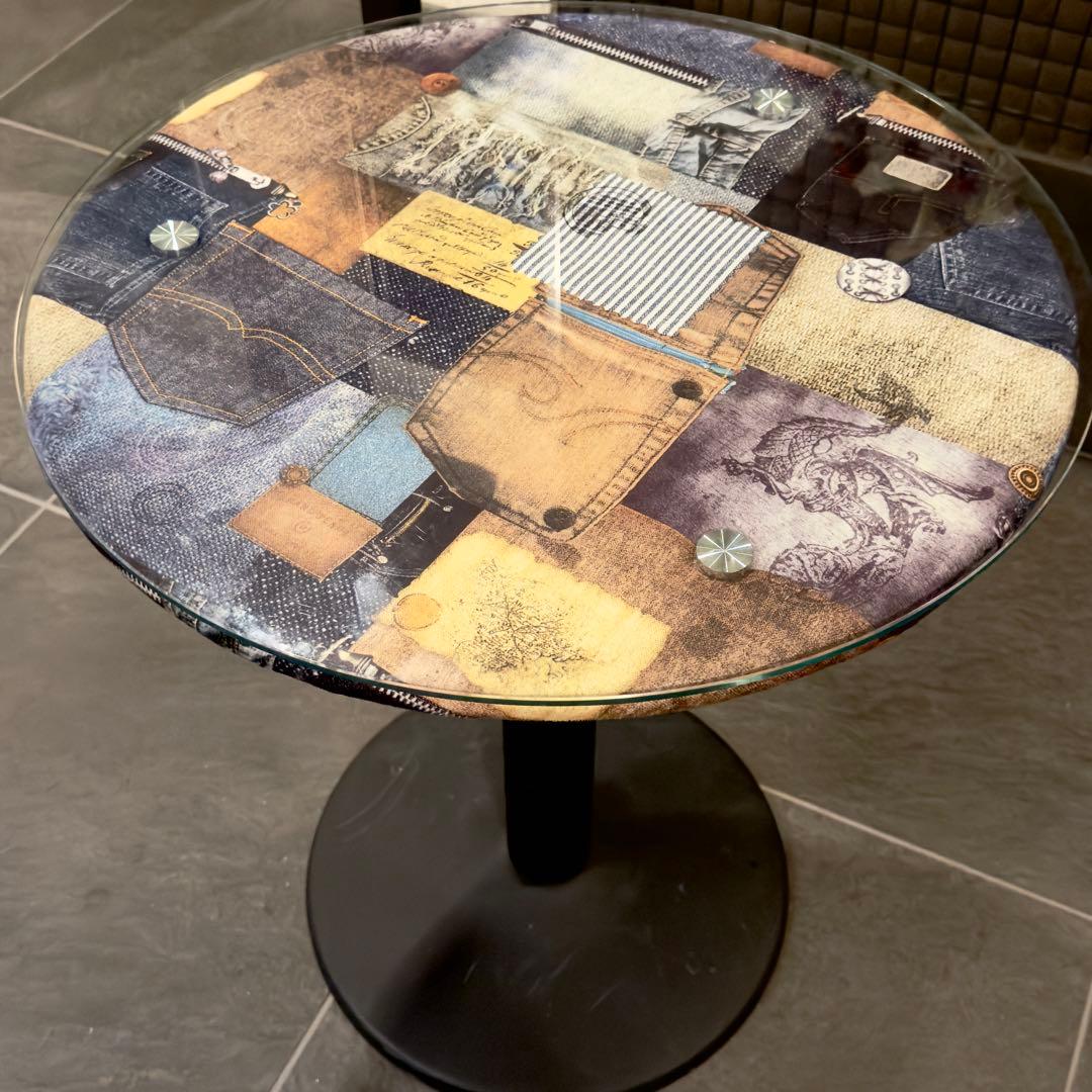 円形　パッチワーク　デニム　ガラステーブル　丸テーブル　大川家具