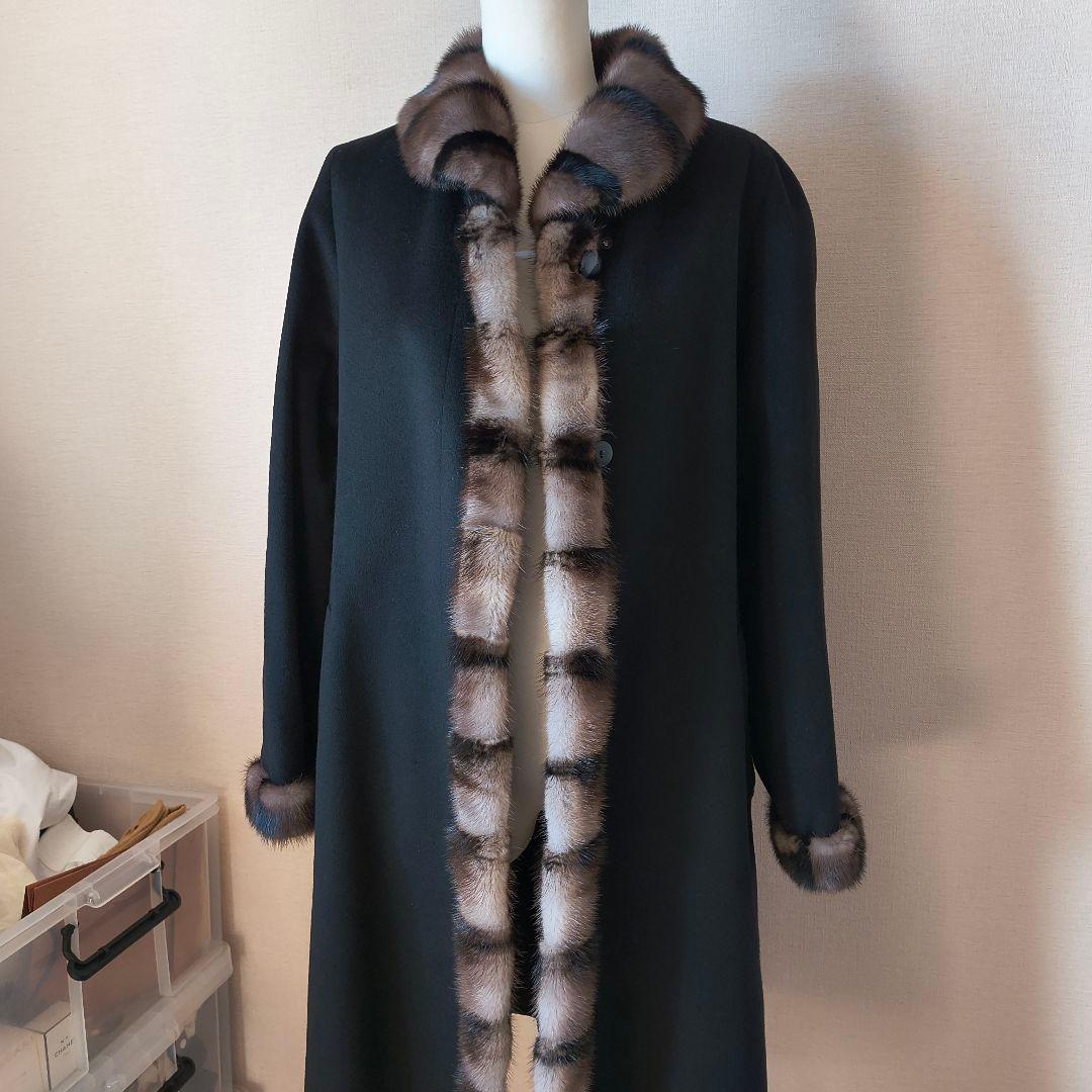 Dazur 毛皮の襟付き 黒 ロングコート F カシミヤ100% ミンク