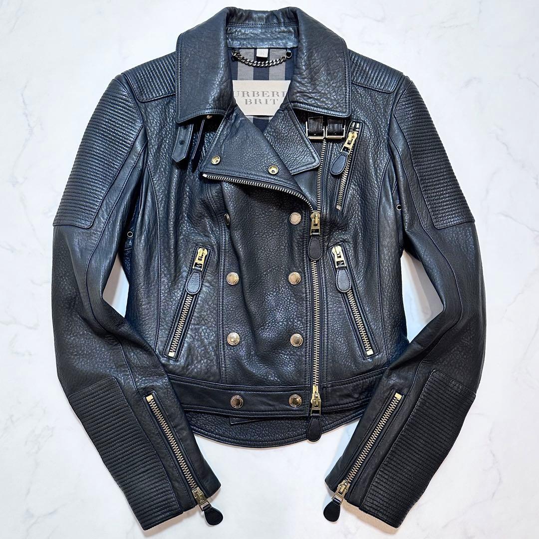 バーバリーブリット ライダースジャケット バイカージャケット 羊革 黒 42