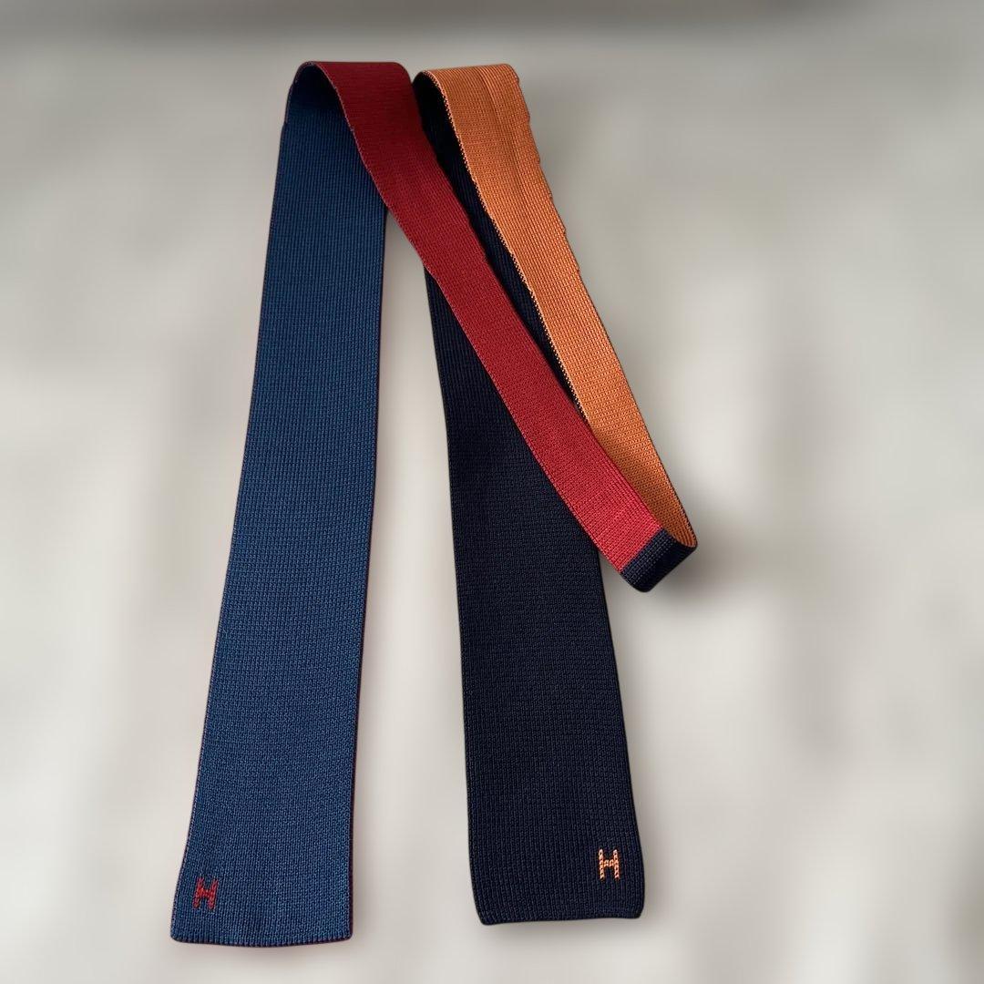 【HERMES】リバーシブル ネクタイ ネイビー レッド オレンジ ブルー