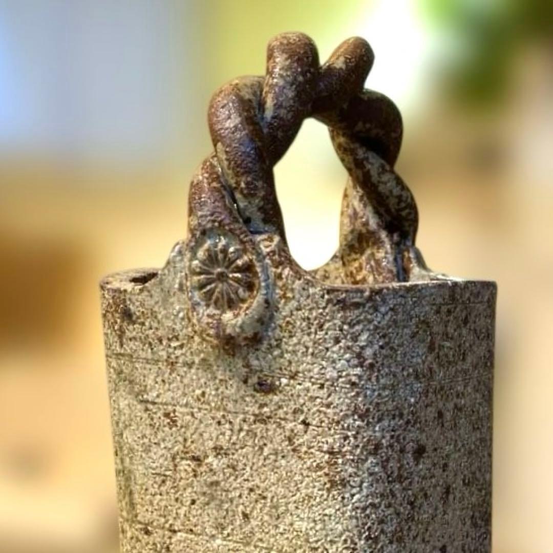 冬柴文廣 萬古焼 燻捻手花入 花瓶 花器 菊紋 陶器 手捻り 工芸品 手桶
