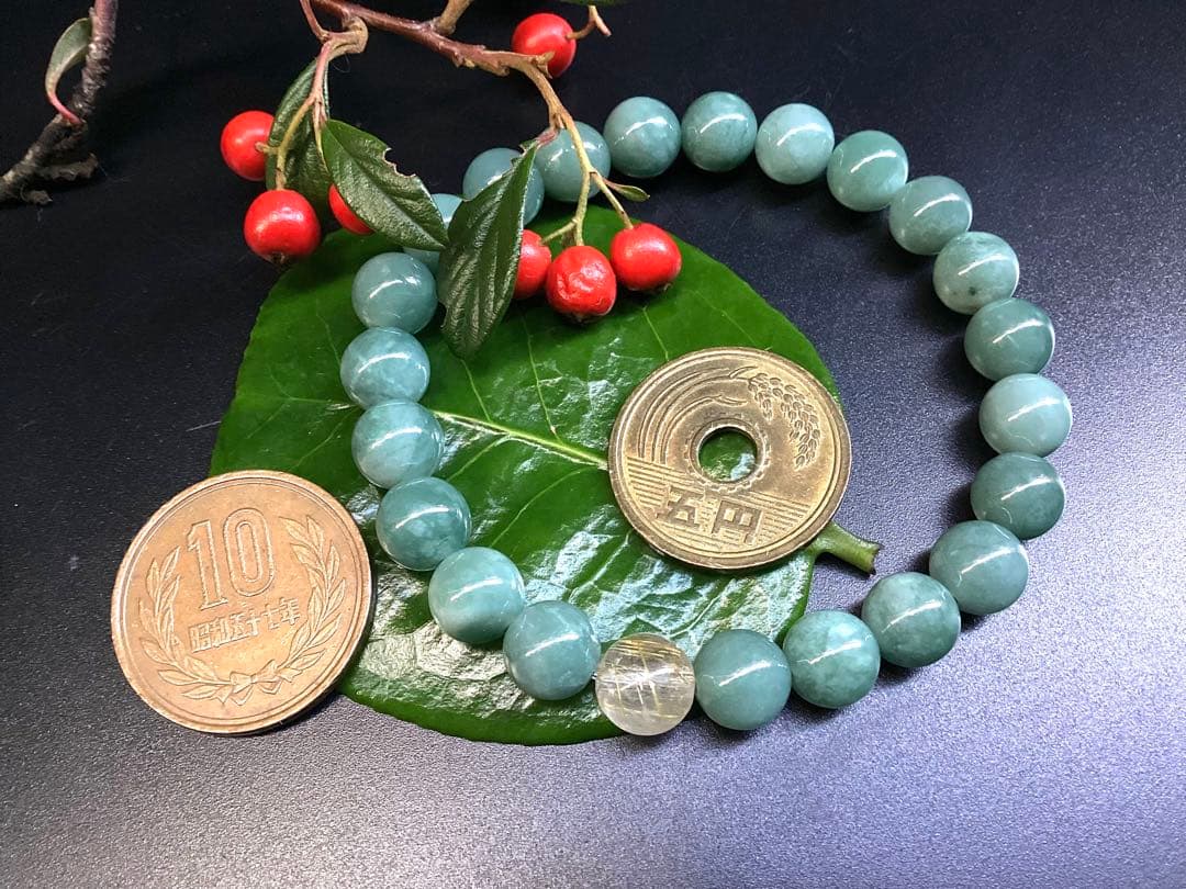 ✳1点限り‼️糸魚川青翡翠入りコン沢＆黒平水晶ゴールドルチルブレスレット鑑別書付