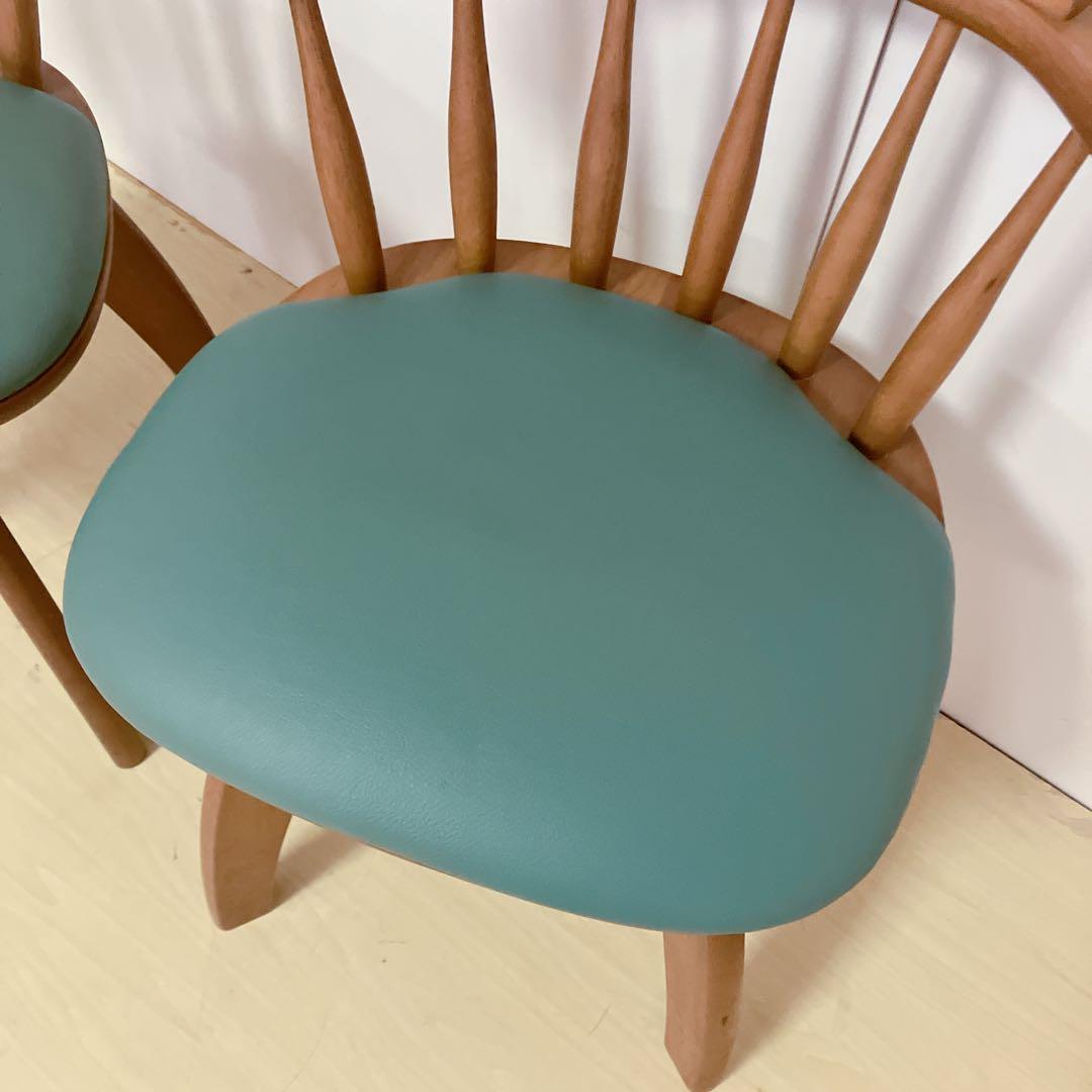 木製　回転チェア　2脚セット　ダイニングチェア　回転椅子　北欧　座面グリーン