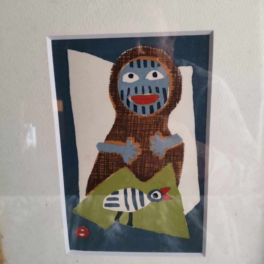 真作 木版画 畦地梅太郎 「トリと男C」1982