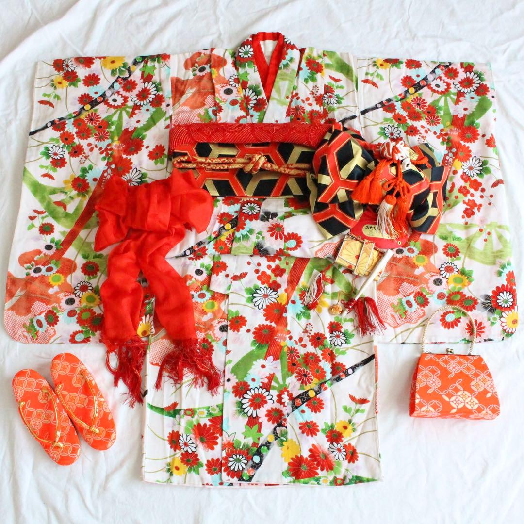 七五三 7歳 女の子 子供 アンティーク 着物 つくり帯 セット