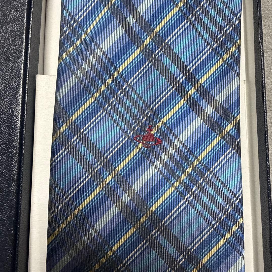 美品　ヴィヴィアンウエストウッド　ネクタイ　青紺　オーブ柄　チェック