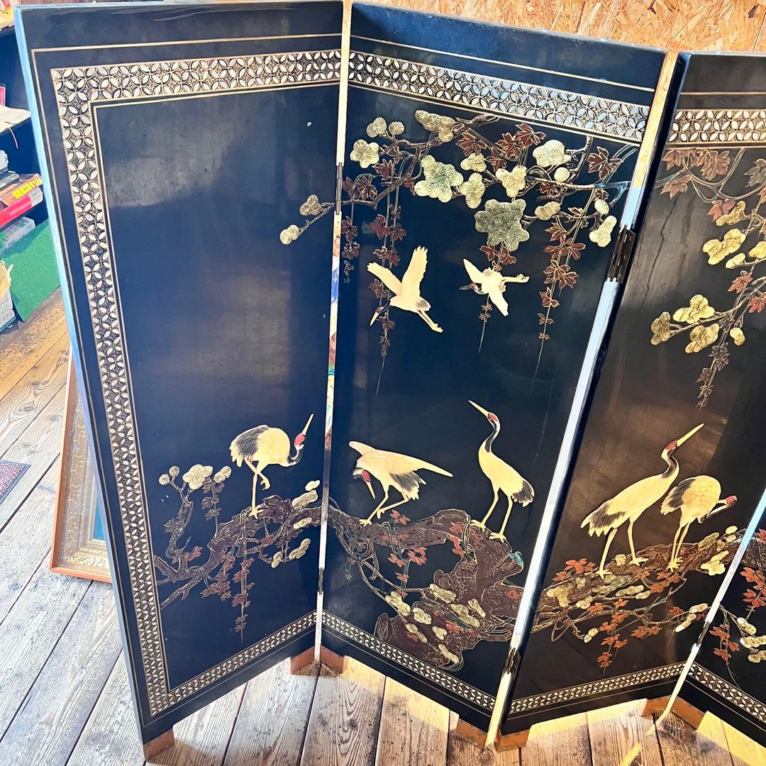 一点　中国美術 螺鈿細工 鶴　年代物　パーテーション 飛天 漆器 天水