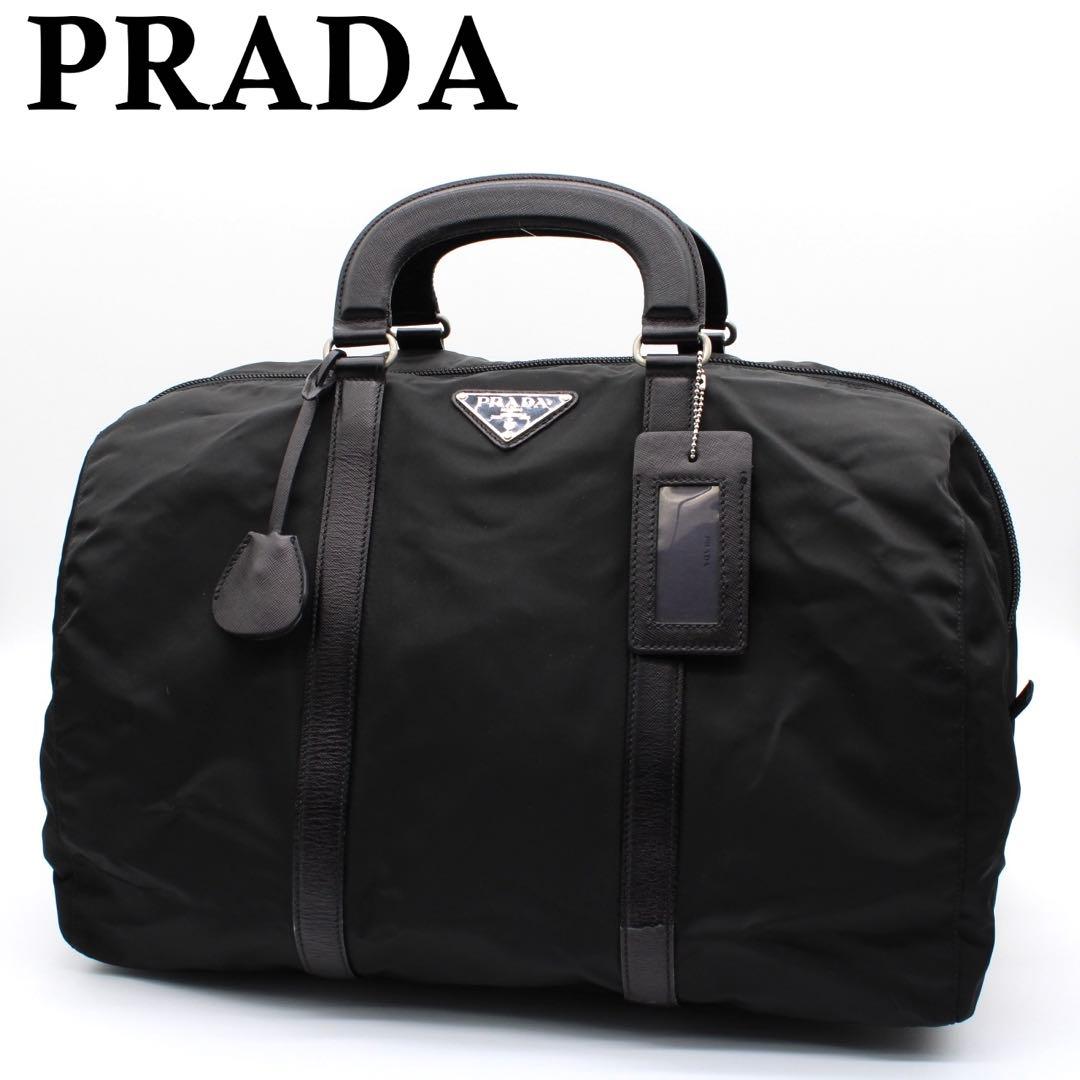 【美品】PRADA 三角ロゴプレート ボストンバッグ ナイロン レザー 黒色