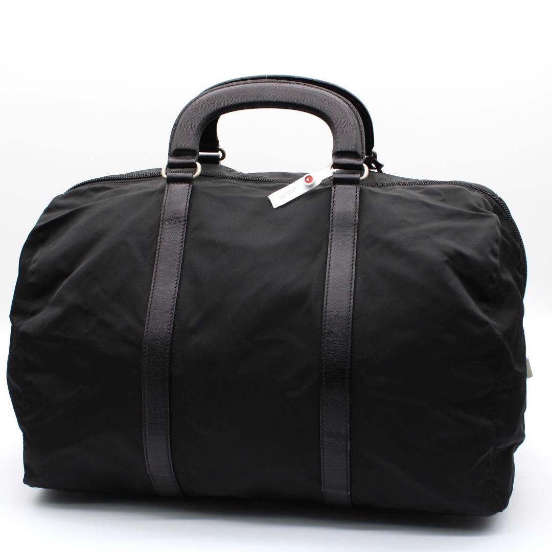 【美品】PRADA 三角ロゴプレート ボストンバッグ ナイロン レザー 黒色