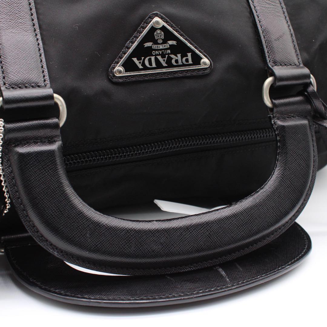 【美品】PRADA 三角ロゴプレート ボストンバッグ ナイロン レザー 黒色