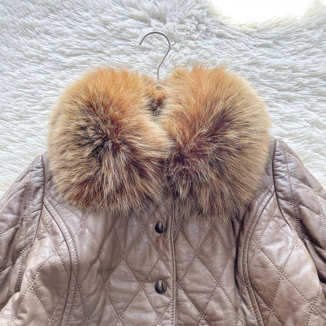 【極美品】レリアン　フォックスファー付きキルティングレザージャケット　9／M