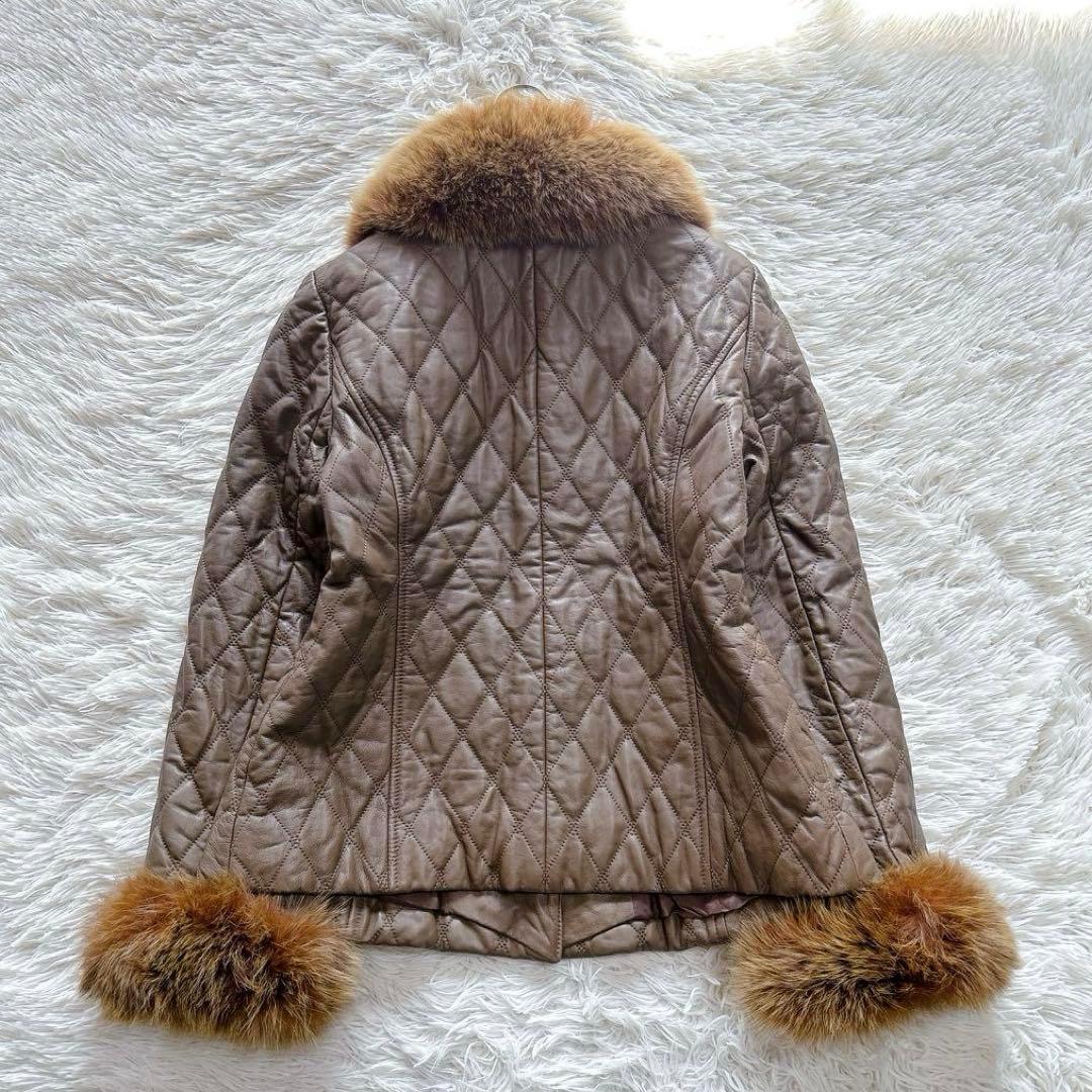 【極美品】レリアン　フォックスファー付きキルティングレザージャケット　9／M