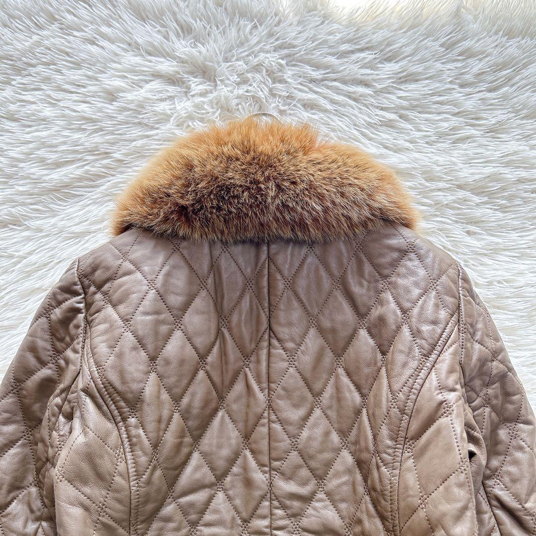 【極美品】レリアン　フォックスファー付きキルティングレザージャケット　9／M