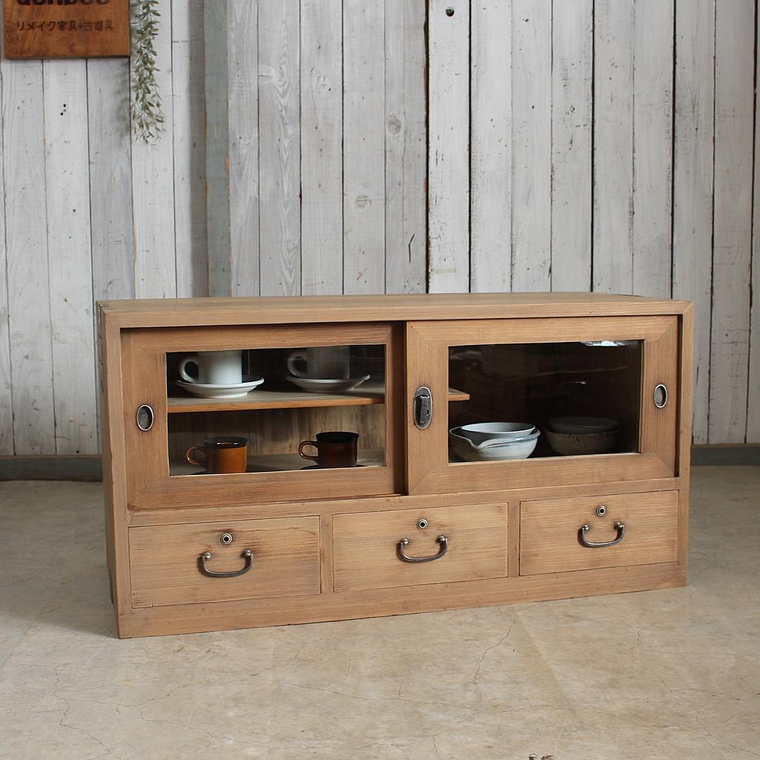 古いガラス戸棚×木製小引き出し3杯　ローチェスト　ローボード　古家具