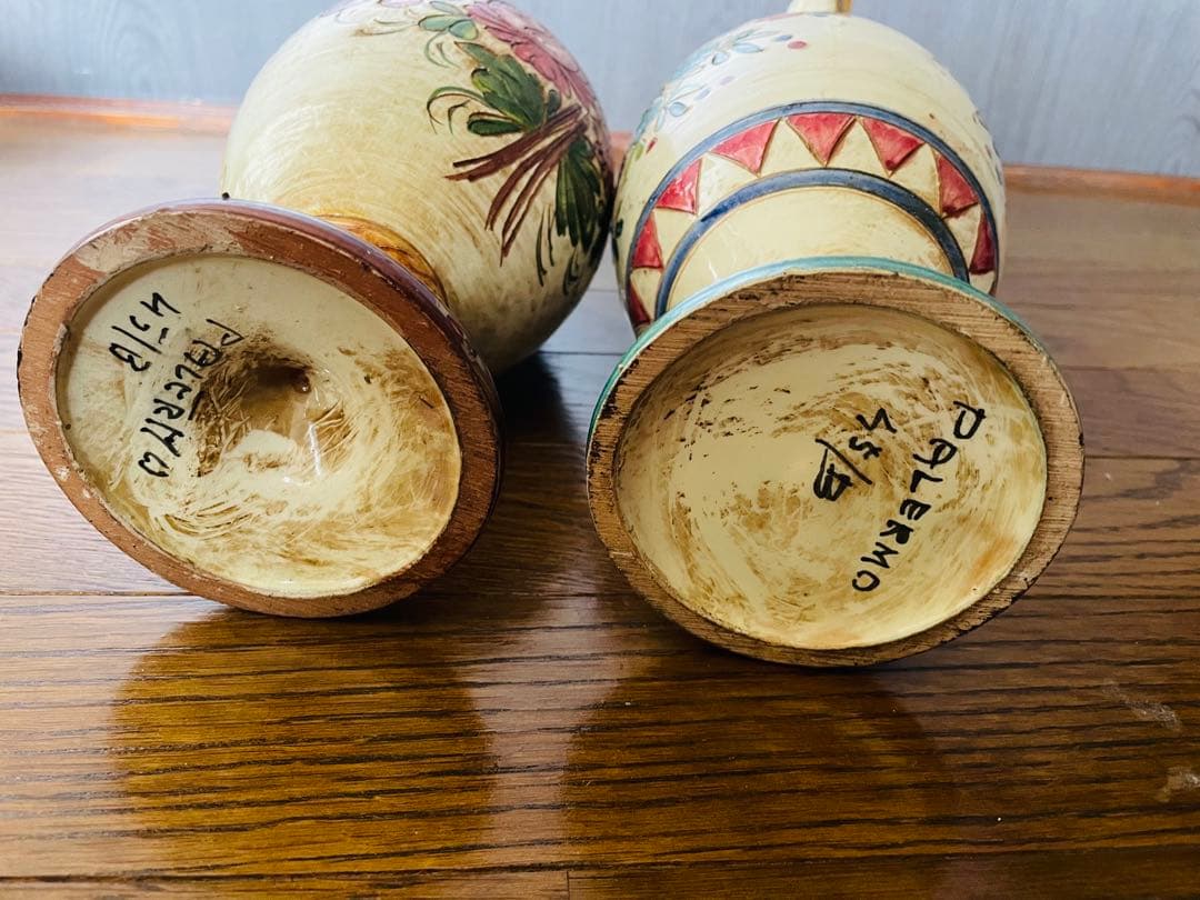 多色花柄陶器花瓶 2個セット　アンティーク　イタリア製花瓶