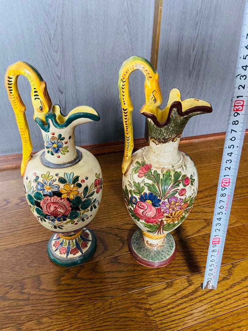 多色花柄陶器花瓶 2個セット　アンティーク　イタリア製花瓶