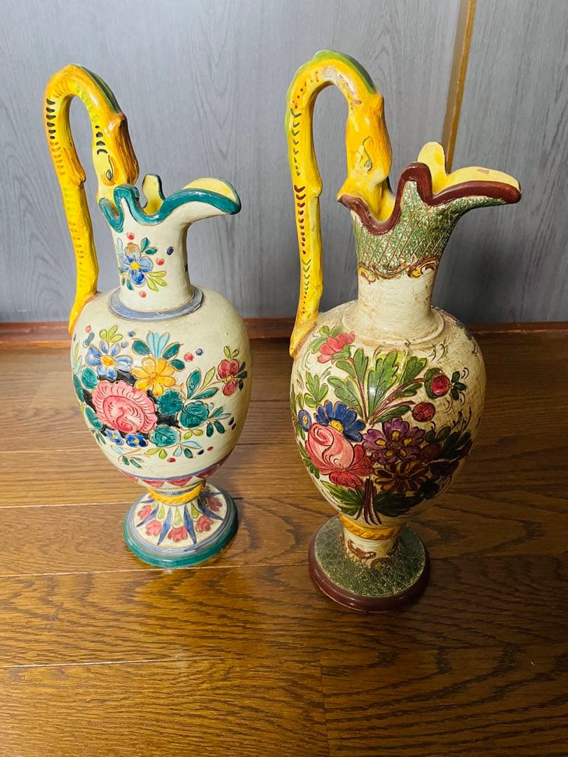 多色花柄陶器花瓶 2個セット　アンティーク　イタリア製花瓶