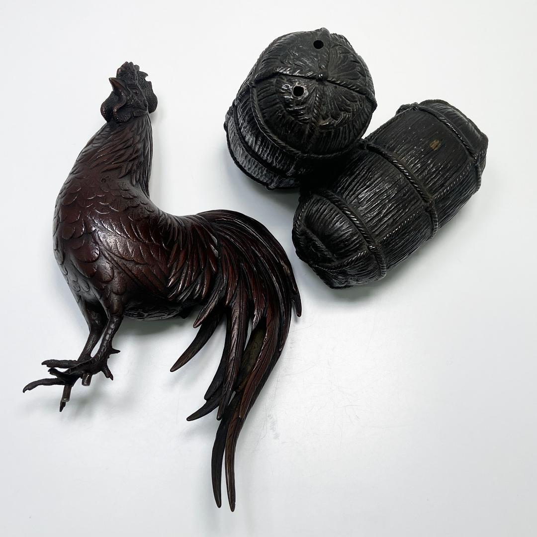 鋳金家 芳山 作 唐銅製 俵鶏置物 オブジェ 銅像 ブロンズ像