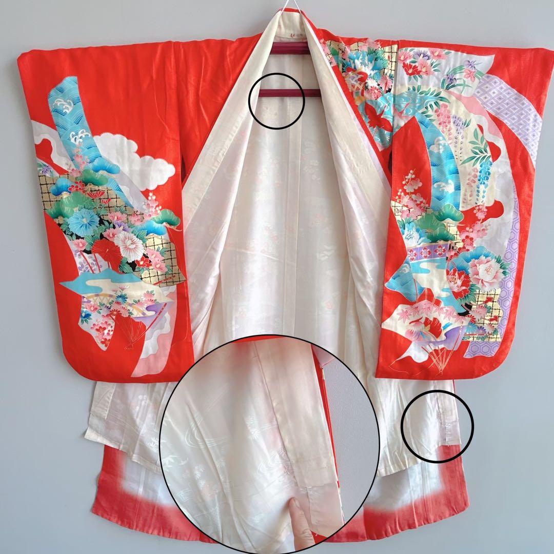 セット　七五三７歳女の子　着物＆帯＆長襦袢＆小物　オレンジ　花御所車　牡丹　鶴