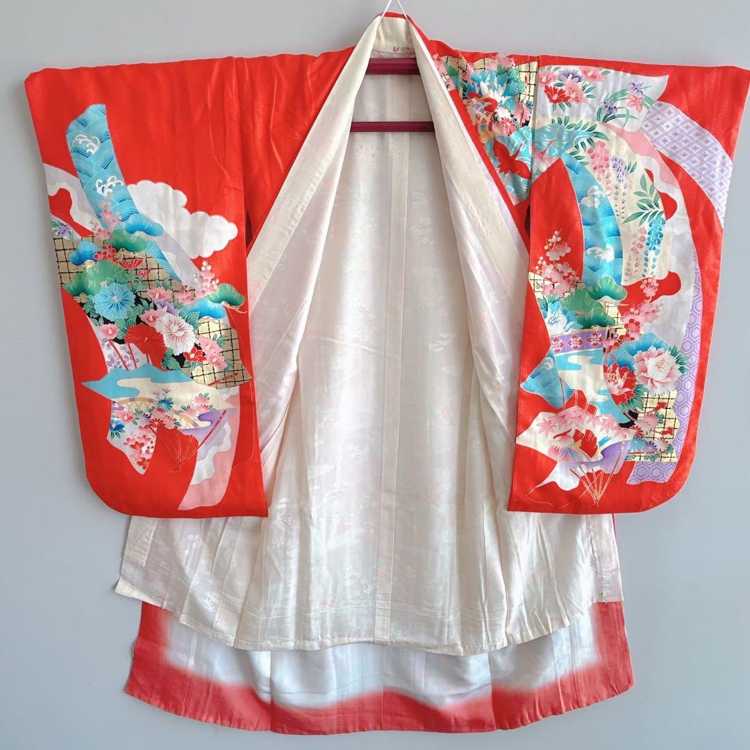 セット　七五三７歳女の子　着物＆帯＆長襦袢＆小物　オレンジ　花御所車　牡丹　鶴