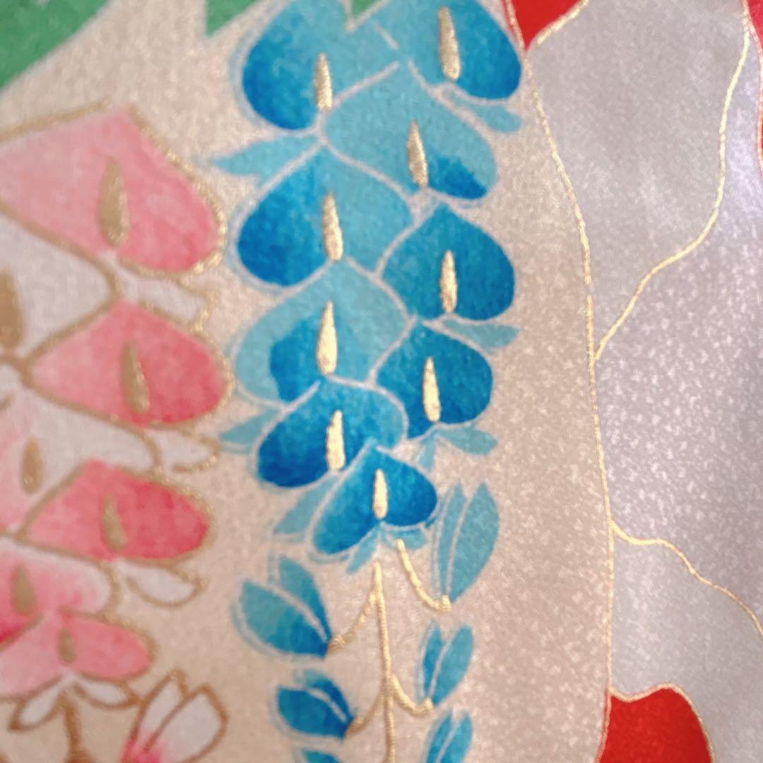 セット　七五三７歳女の子　着物＆帯＆長襦袢＆小物　オレンジ　花御所車　牡丹　鶴