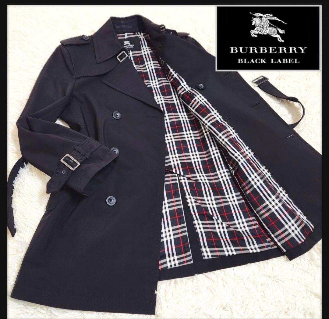 バーバリーブラックレーベル ダブル トレンチコート ノバチェック ブラック
