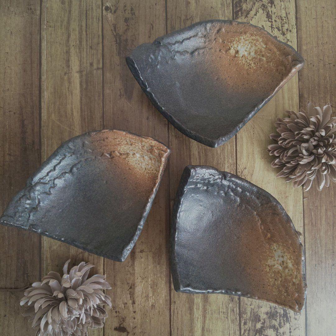 和食器 黒備前 民窯 刺身鉢 長皿 魚皿 変形皿 脚付 ６枚②