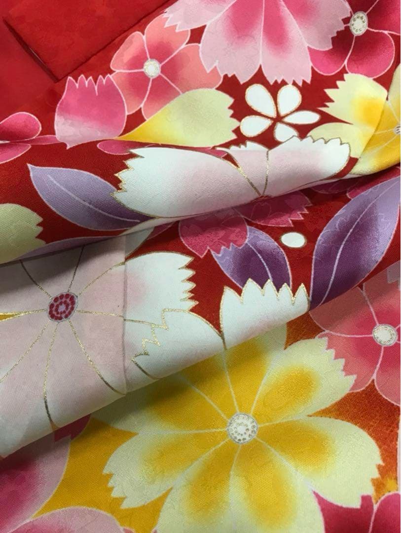 七五三　7歳女の子　着物セット　秋桜　華やか赤　山吹色　桜　緑に手鞠柄