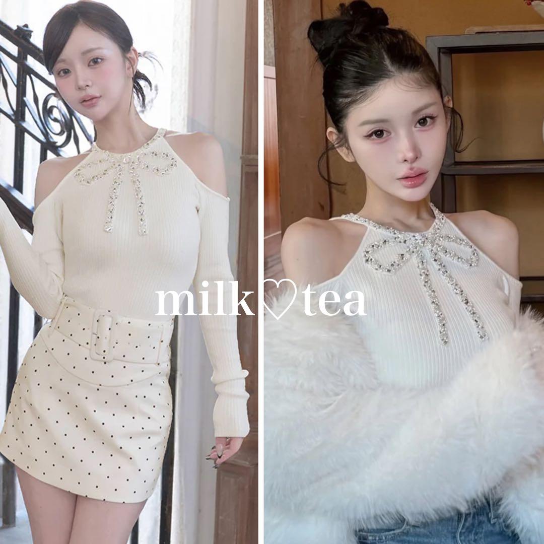 新品タグ付 ダーリッチ リボンビジューアメスリニットトップス アイボリー