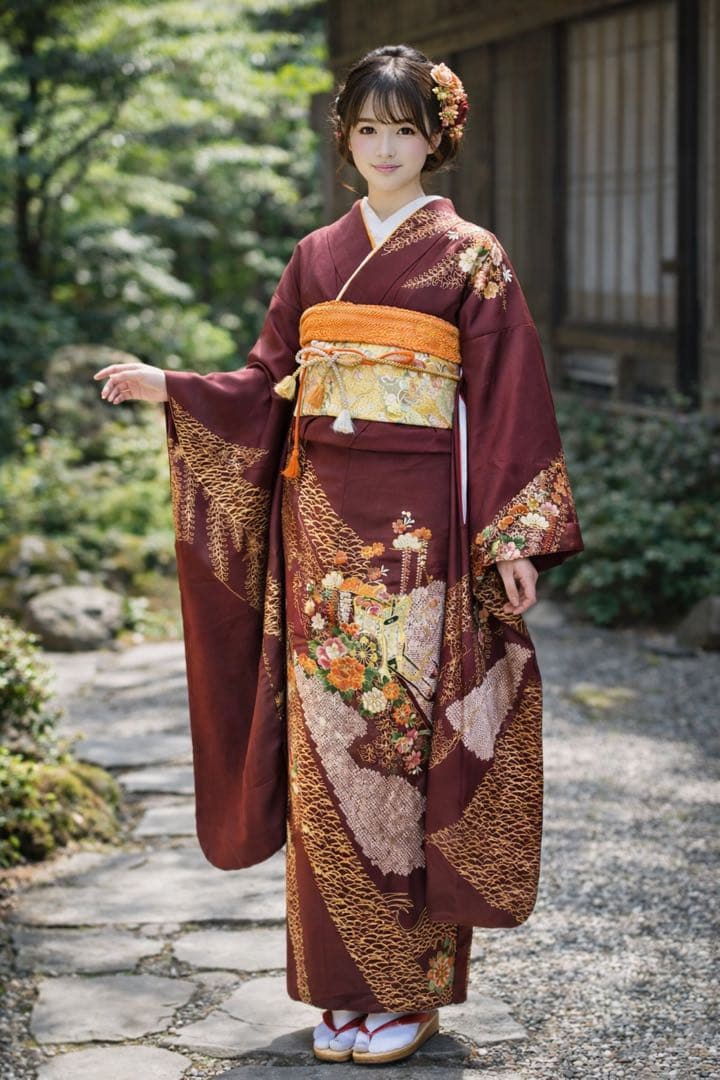 振袖フルセット6点サイズM〜Ｌ振袖　駒刺繍　絞り　御所車花文　金彩　正絹