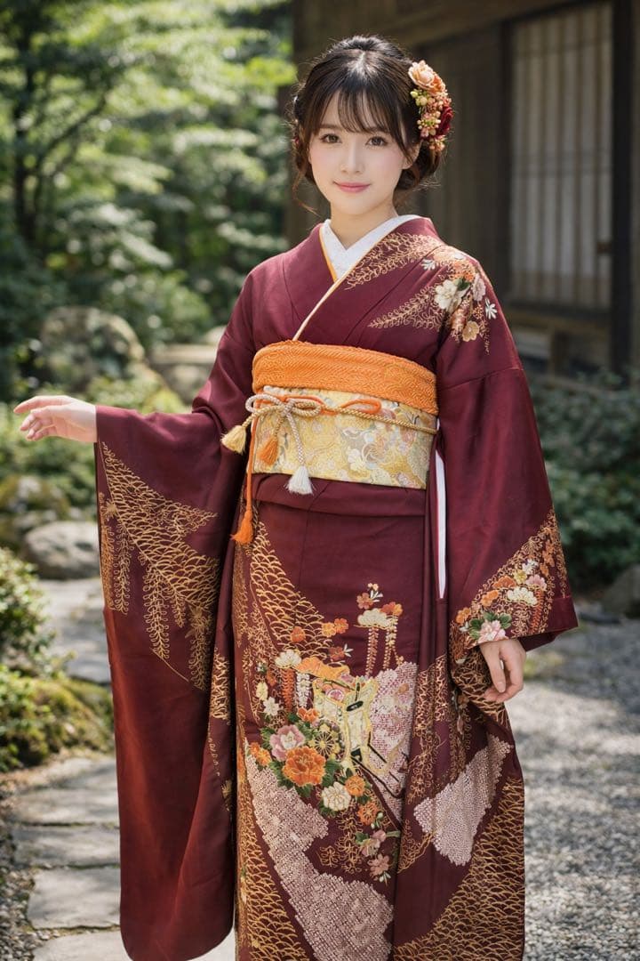 振袖フルセット6点サイズM〜Ｌ振袖　駒刺繍　絞り　御所車花文　金彩　正絹