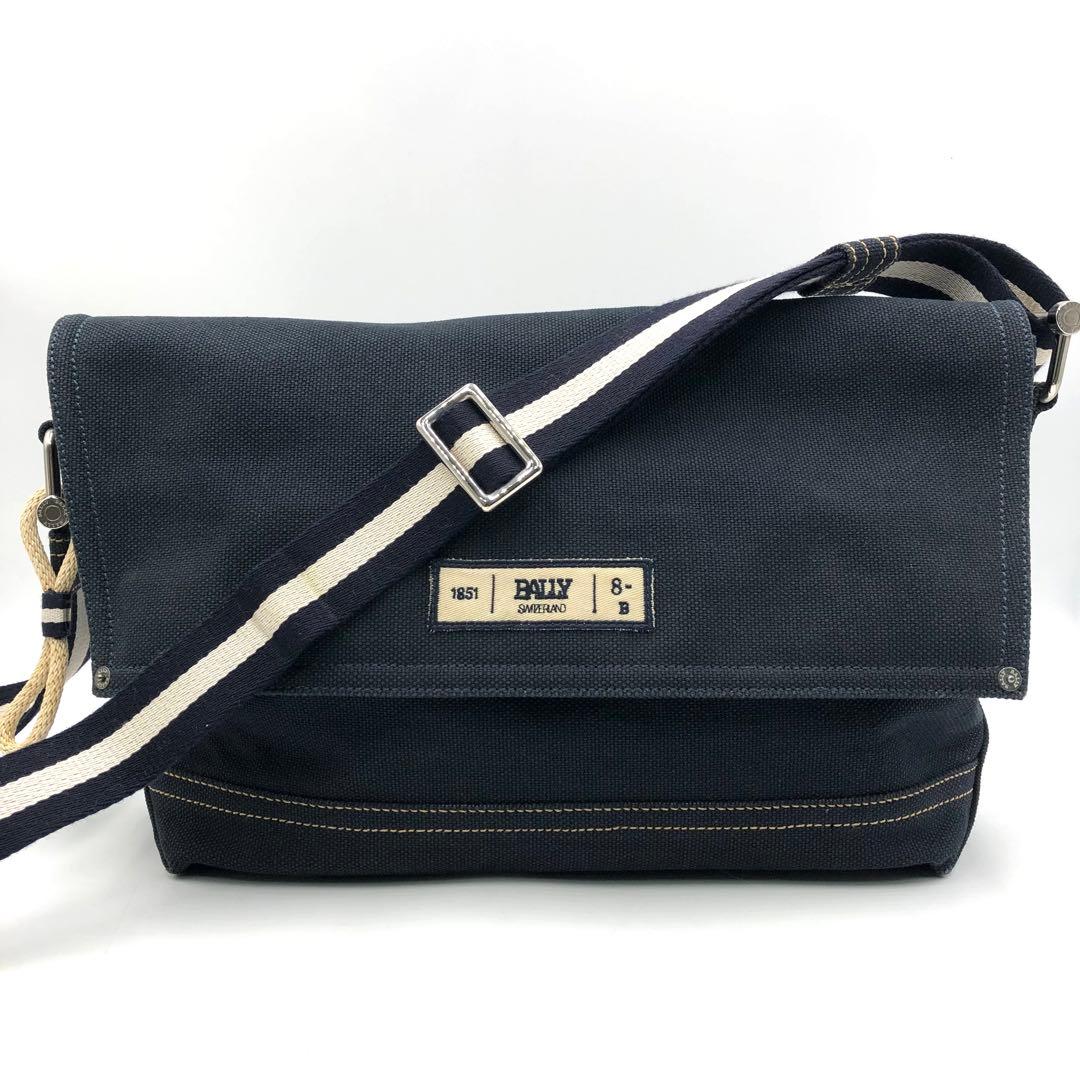 希少 極美品 バリー ショルダーバッグ A4 ロゴ キャンバス レザー ネイビー