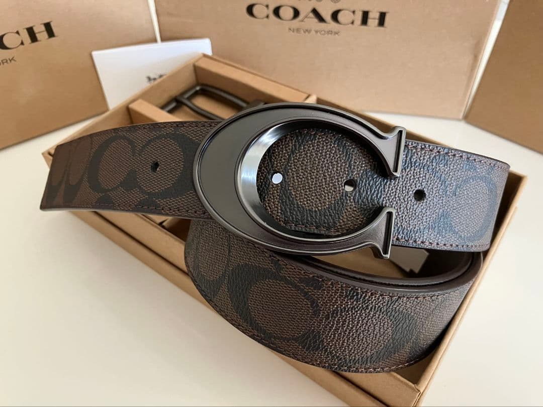 SALE♪コーチ　新品　リバーシブル　ブラウンシグネチャー　ガンメタルバックル