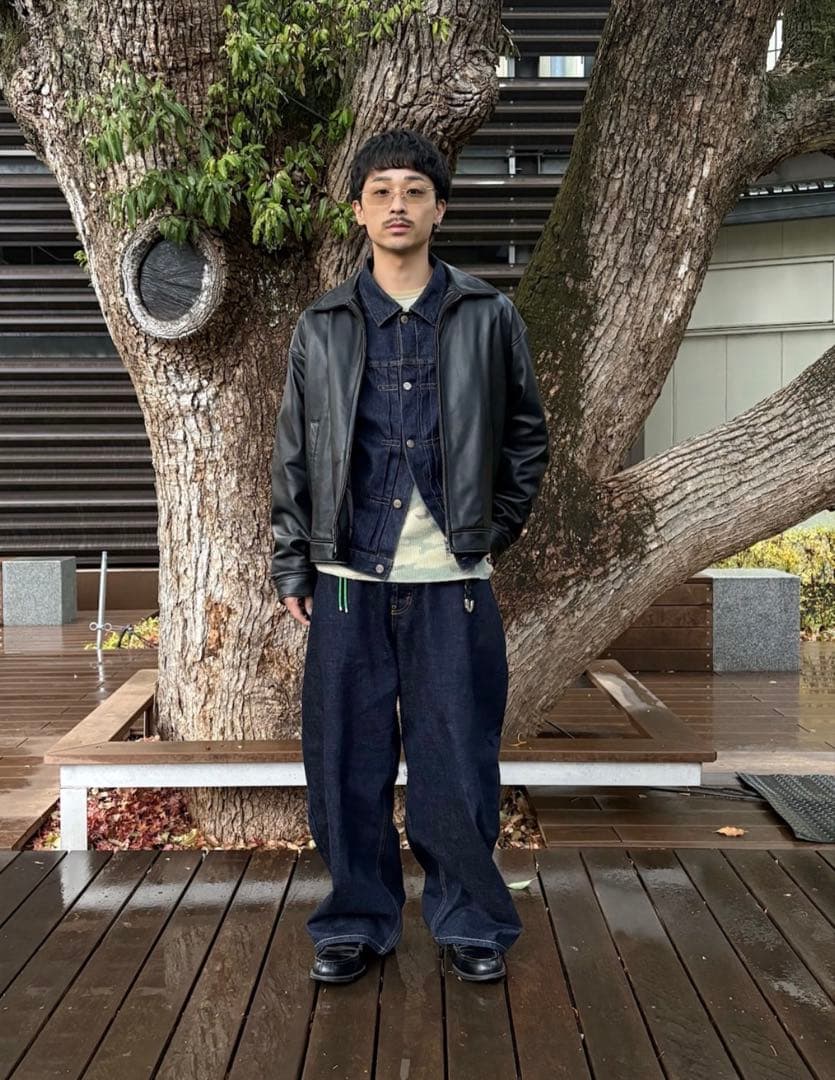 BEAMS ワイドフィット　レザー　ジップブルゾン